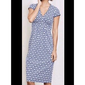 Boden 8R Blue White Mozaic Geometric Jersey Dress Sleeveless Pinched Waist EUC